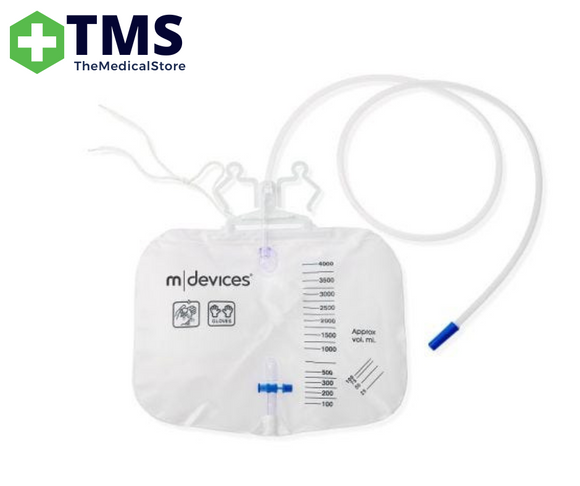 Mdevices Urine Bag - 4000mL T-Tap Non-Return Valve Integrated Hanger and Rope 150cm Tubing -  (UR064000)