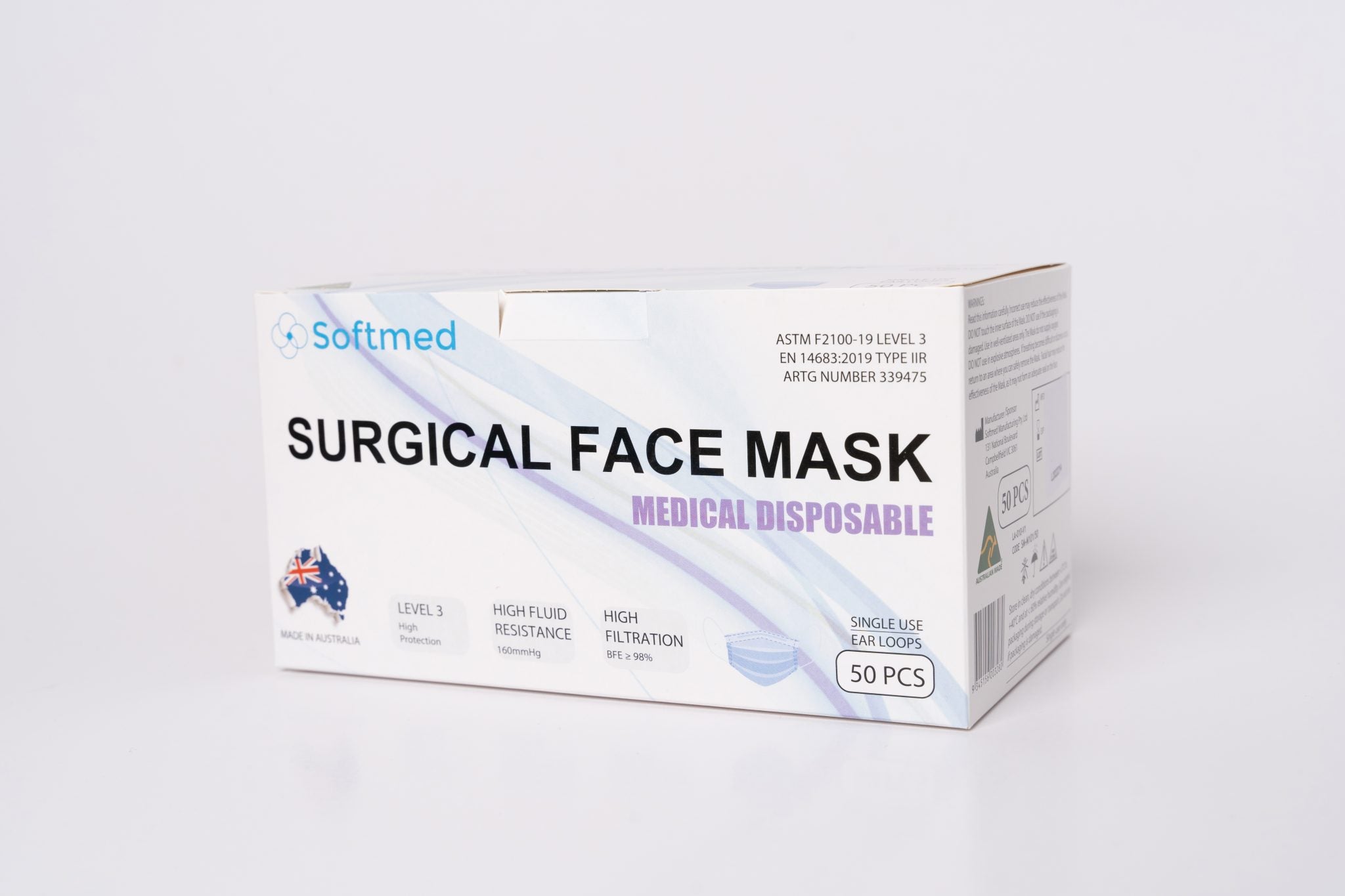Softmed Surgical Mask Blue (Level 3) Ear loops TGA Registered - Box/50 ...