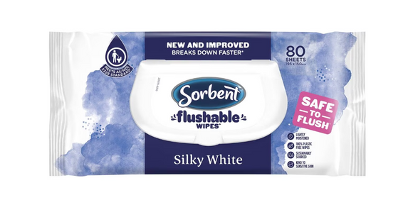 Sorbent Silky White Flushable Wipes - Pack/80