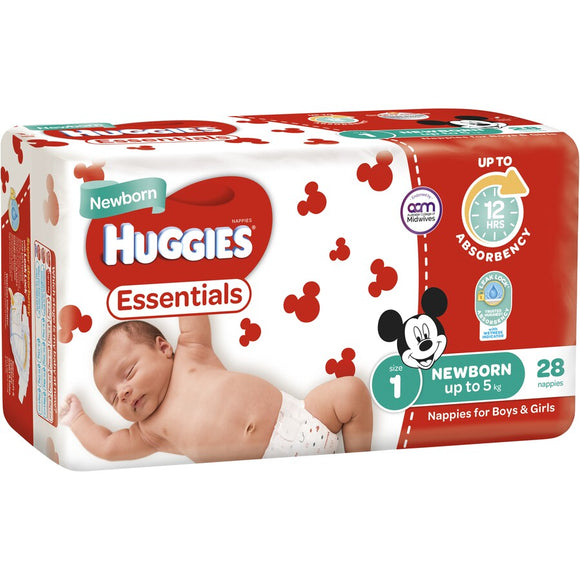 Huggies Essentials Unisex Nappies Size 1 Newborn - 28 Pack